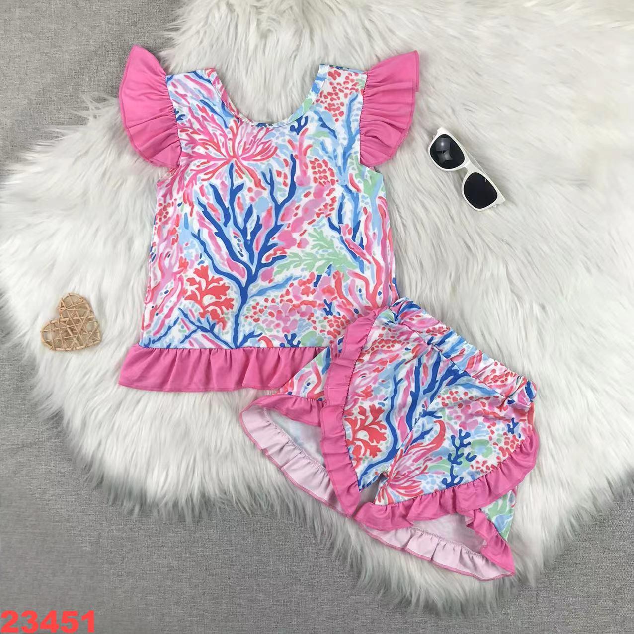 Girls' Ruffled Coral Print Short Sleeve Set
