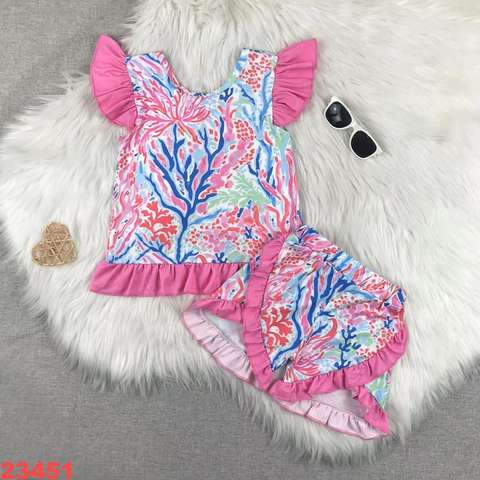 Girls' Ruffled Coral Print Short Sleeve Set