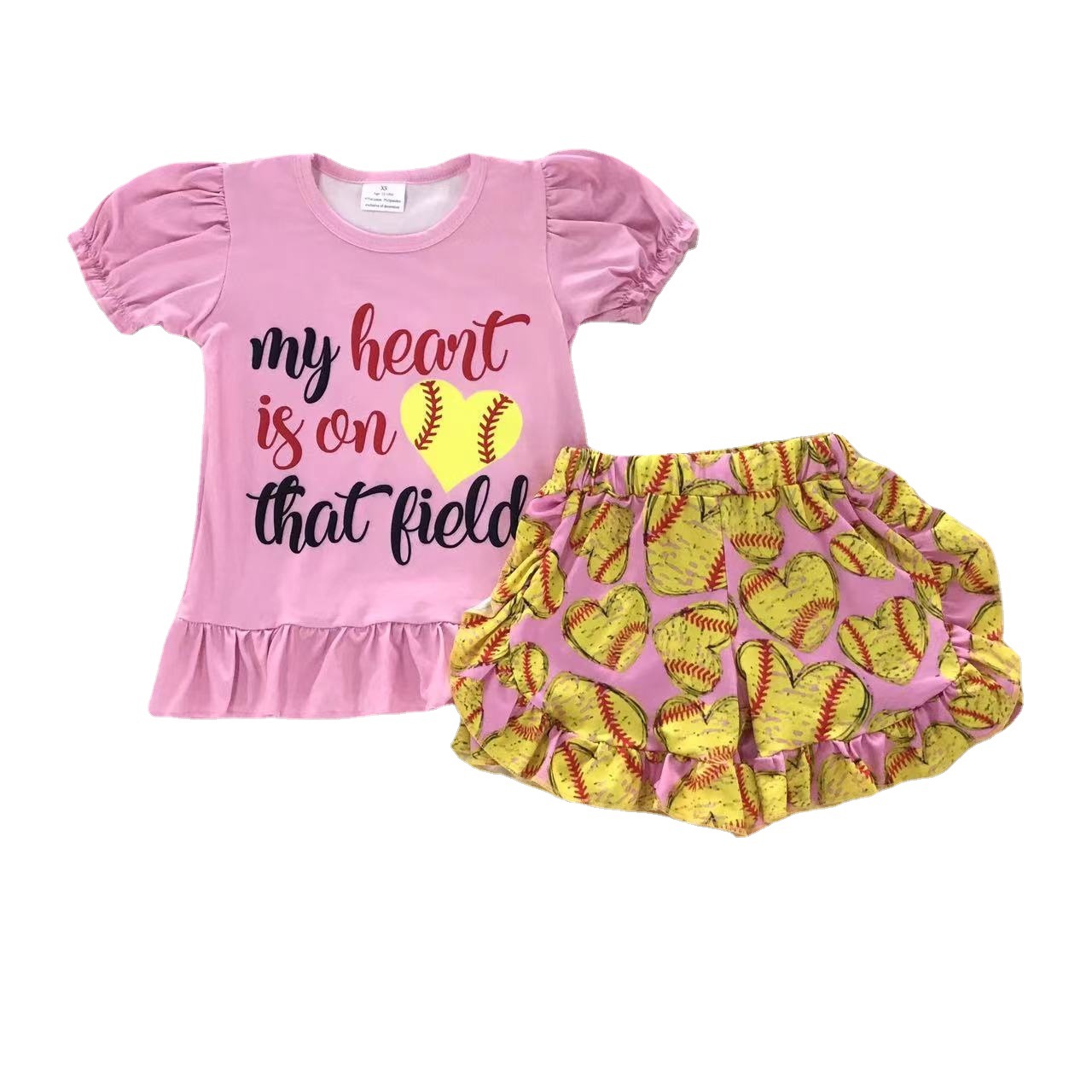 Pink Short Sleeve Top and Ruffled Shorts Softball Set