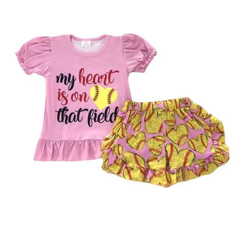 Pink Short Sleeve Top and Ruffled Shorts Softball Set