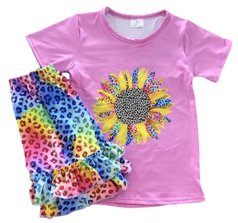 Sunflower Print Short Sleeve Two-Piece Set for Kids