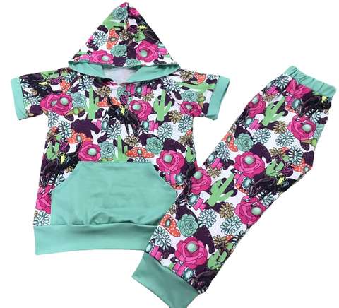 Floral Cactus Print Short Sleeve Hoodie and Pants Set