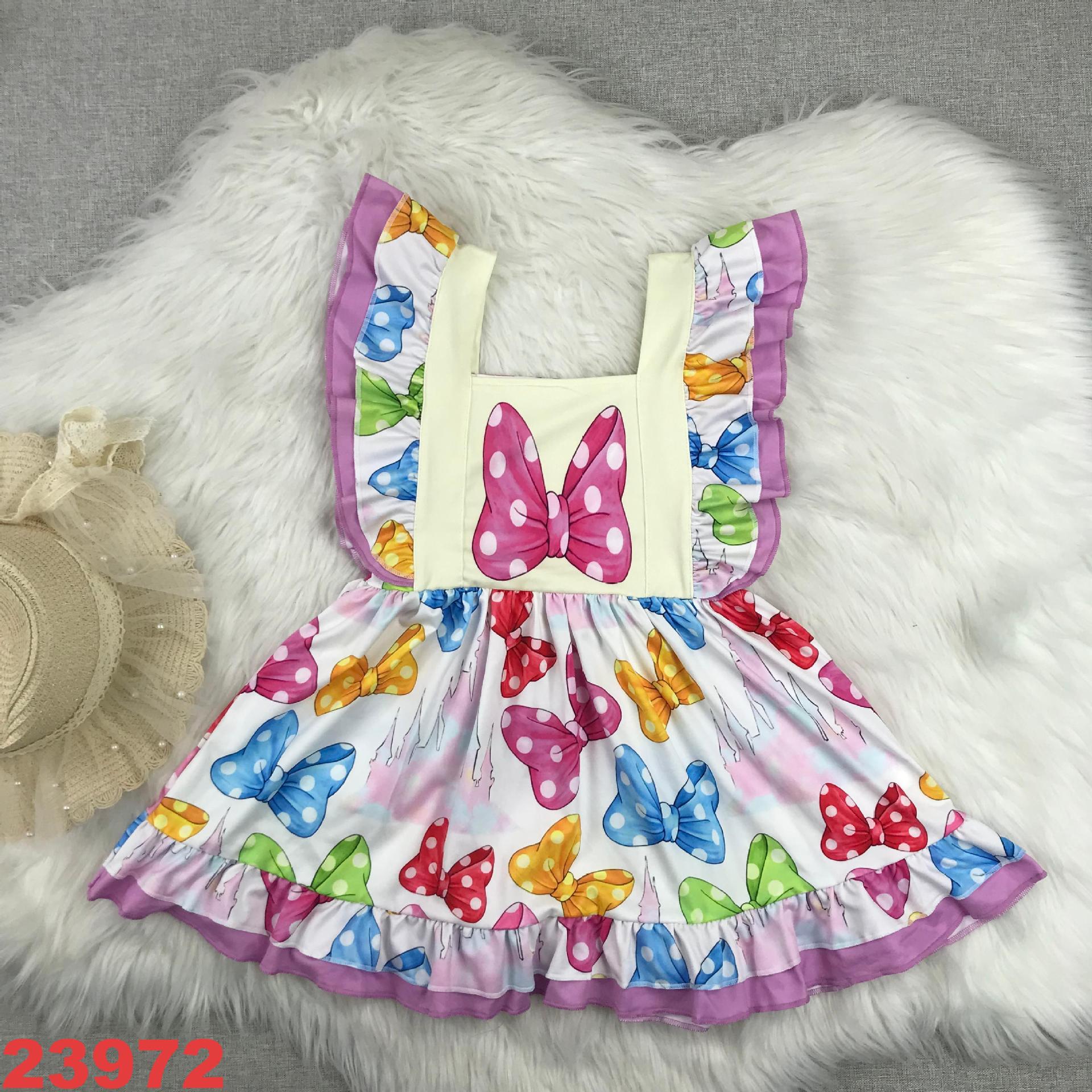 Colorful Bow Print Dress with Ruffled Sleeves