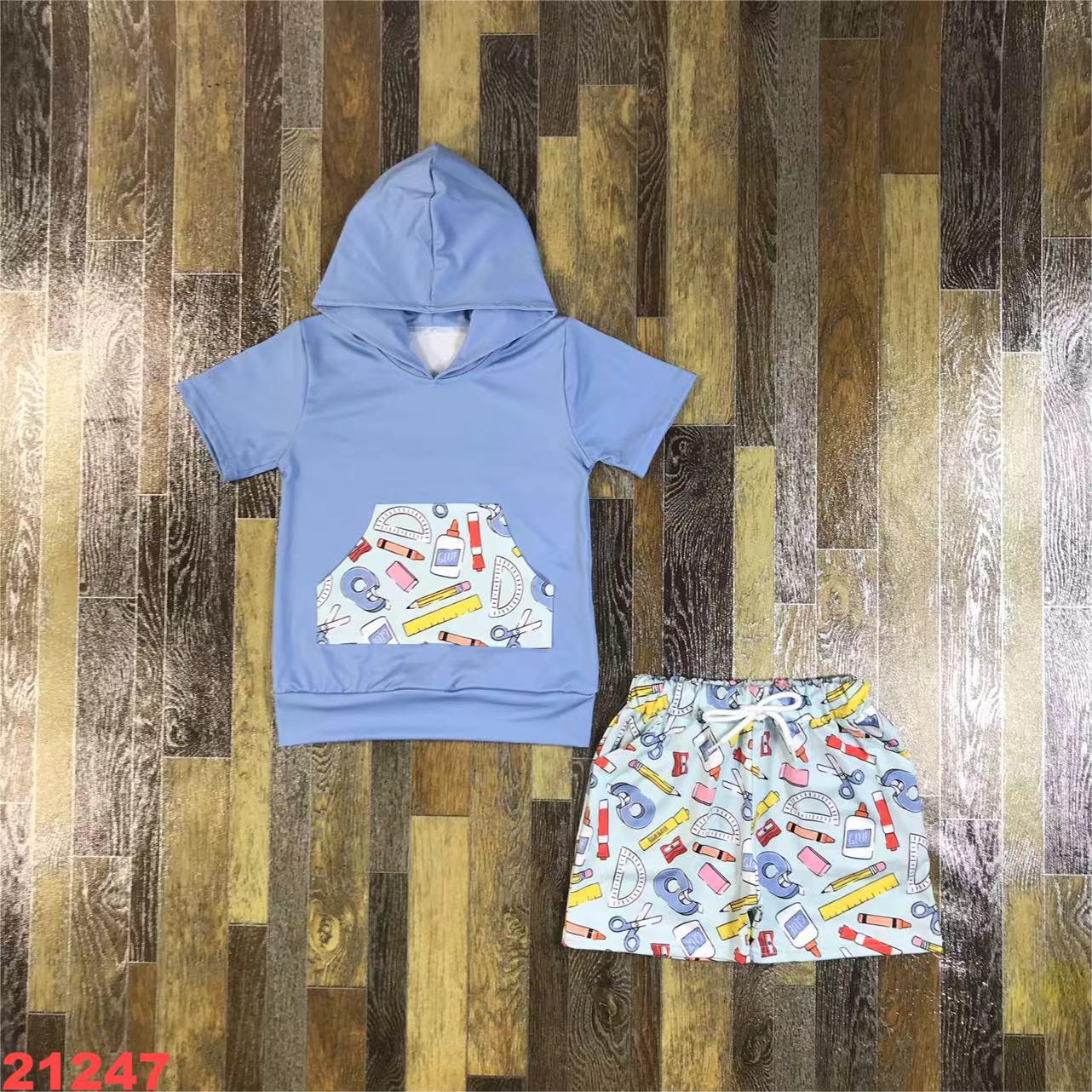 Kids' Blue Short Sleeve Hoodie and Printed Shorts Set