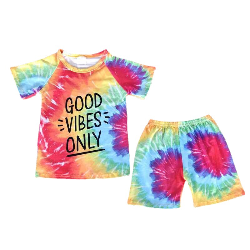 Tie-Dye Short Sleeve Set with 'Good Vibes Only' Print