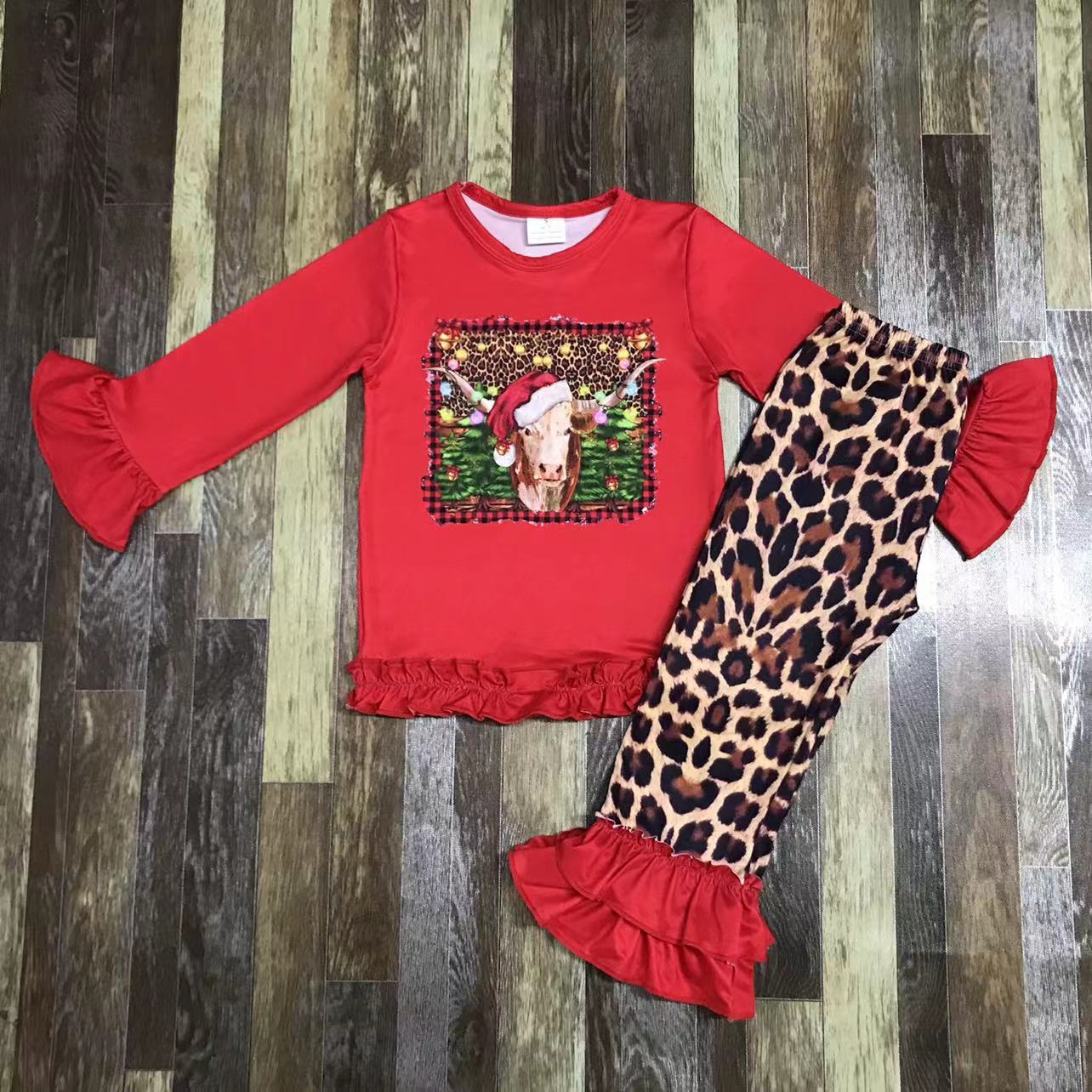 Festive Long Sleeve Top and Leopard Print Pants Set