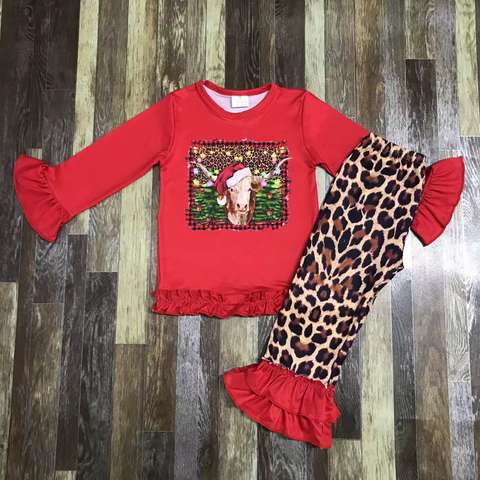 Festive Long Sleeve Top and Leopard Print Pants Set