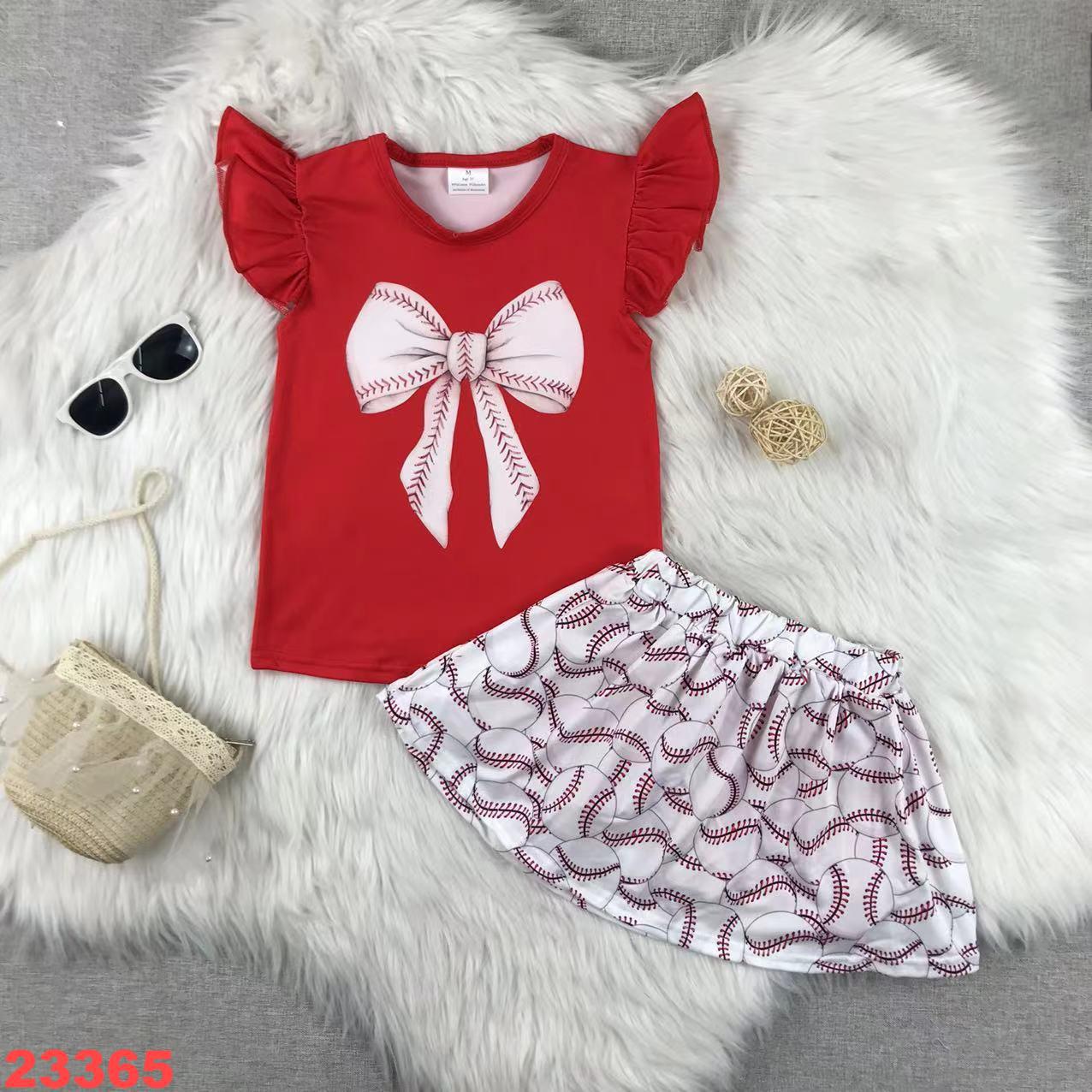 Red Bow Short Sleeve Top and Baseball Skirt Set