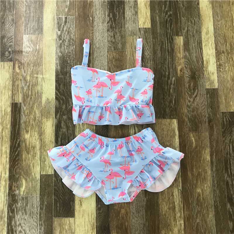 Flamingo Print Two-Piece Outfit with Ruffle Details