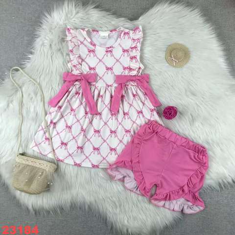 Girls' Pink Bow Patterned Summer Outfit