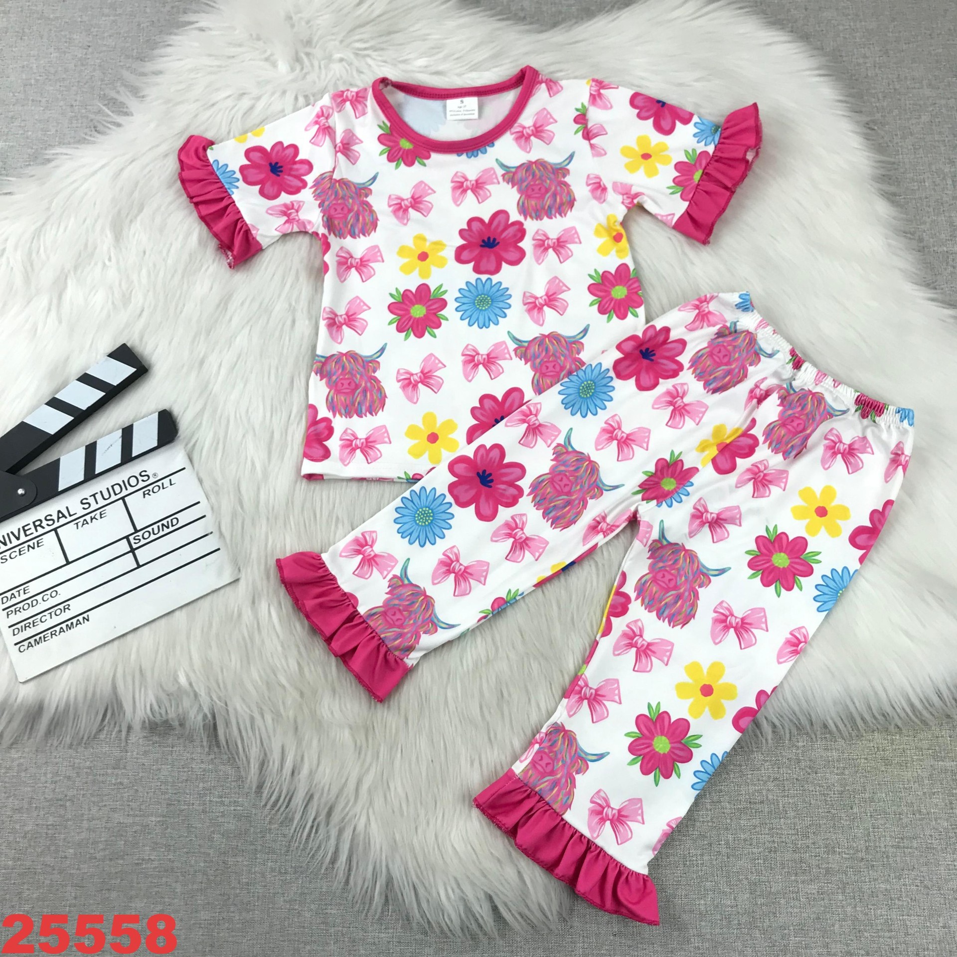 Girls' Floral & Bow Ruffle Pajama Set