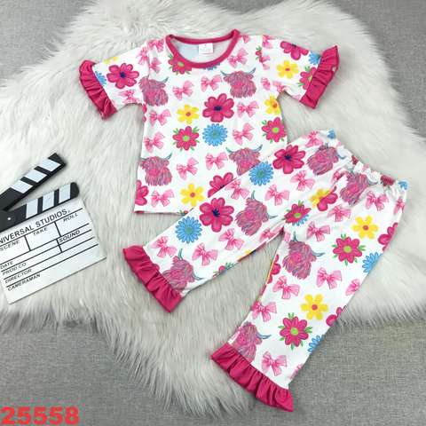 Girls' Floral & Bow Ruffle Pajama Set