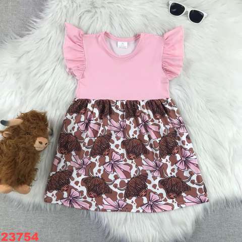 Pink Ruffle Sleeve Highland Cow Dress