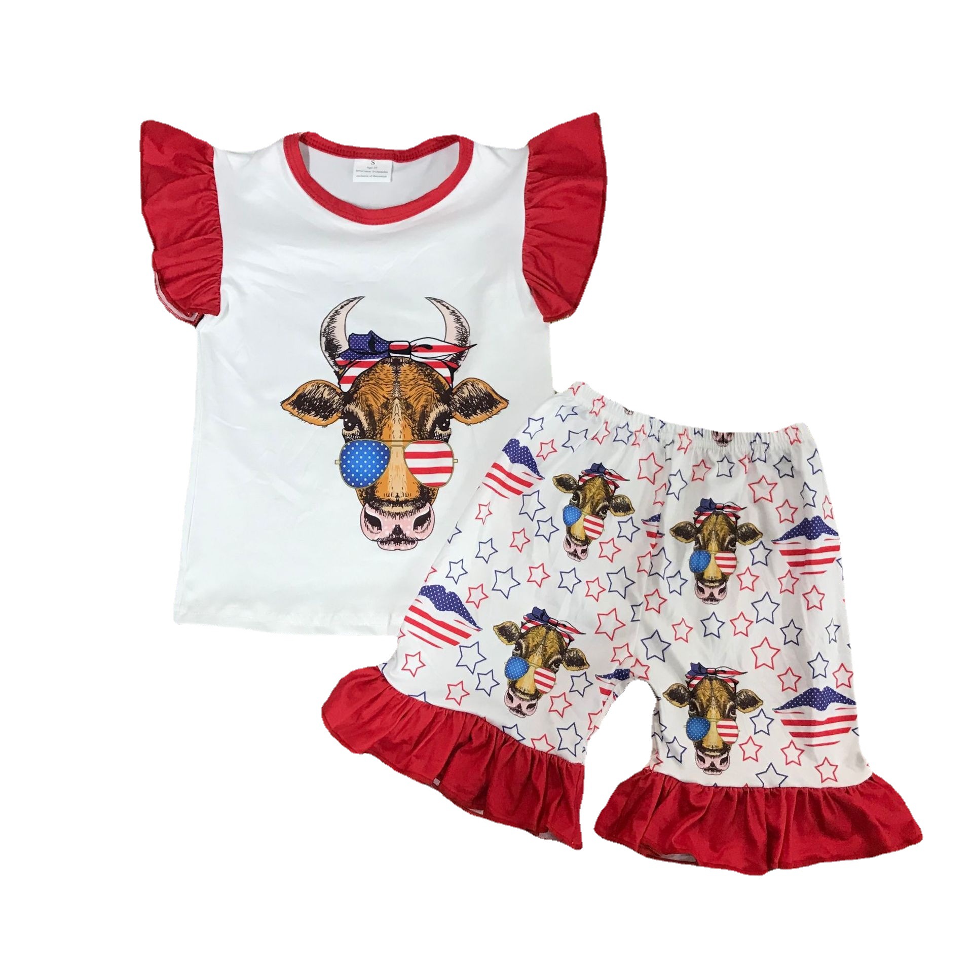 Patriotic Cow Print Short Sleeve Set with Ruffled Shorts