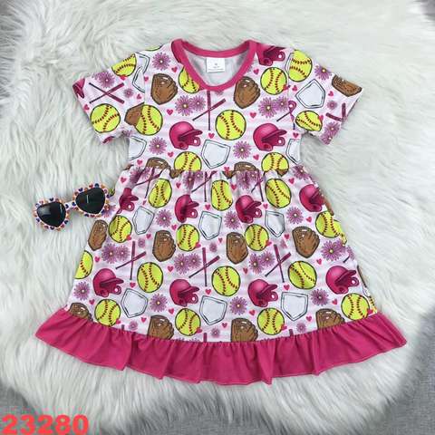 Softball-Themed Short Sleeve Dress for Girls