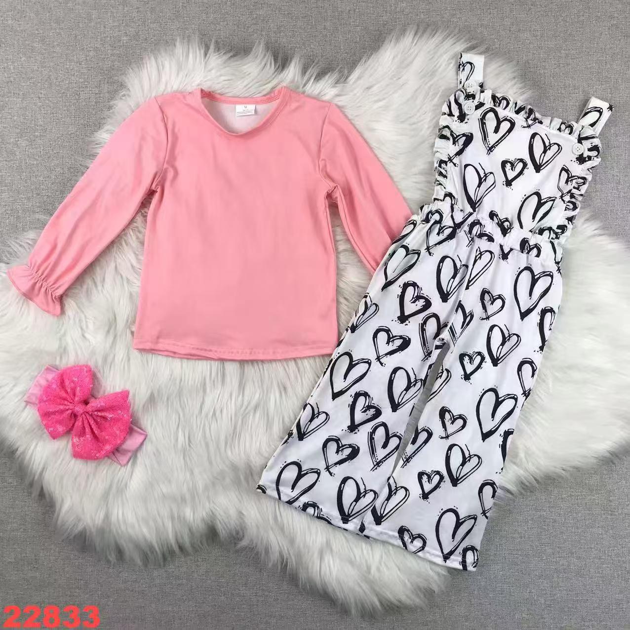 Pink Long Sleeve Top and Printed Overall Set