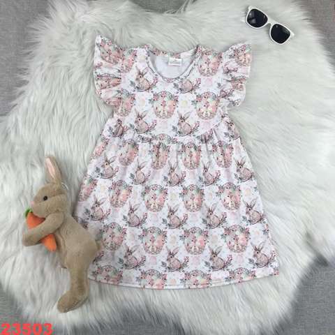 Floral Bunny Print Dress with Ruffle Sleeves