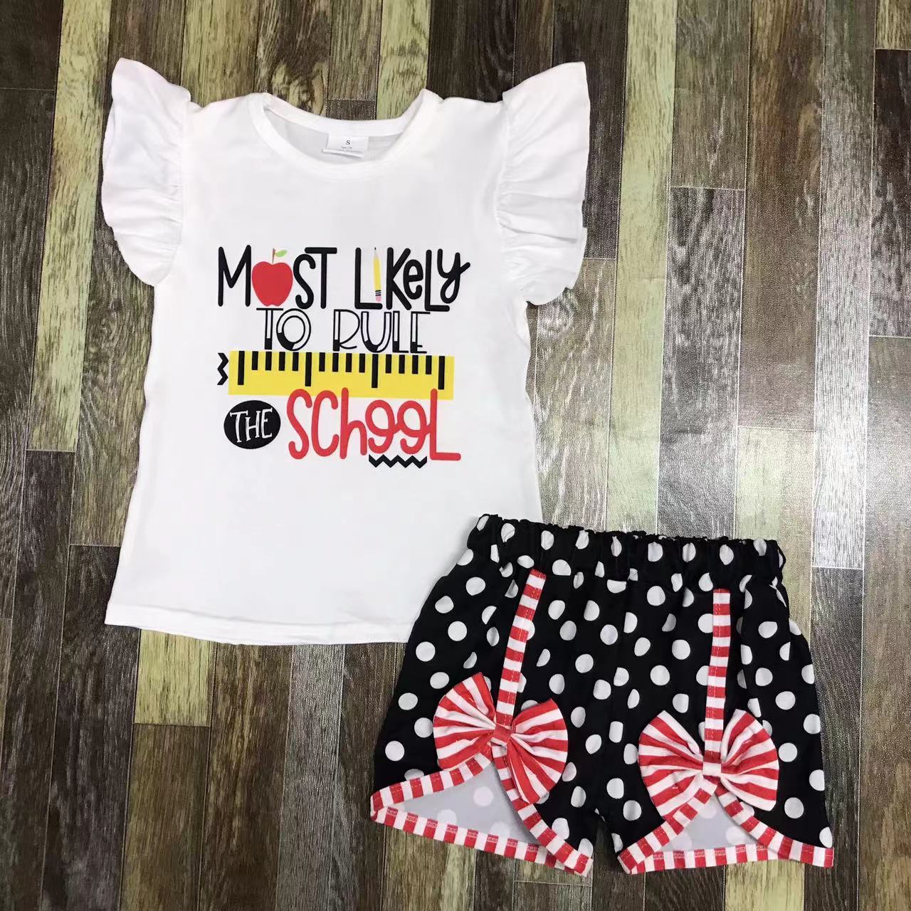 Girls' School-Themed Short Sleeve Outfit with Polka Dot Shorts
