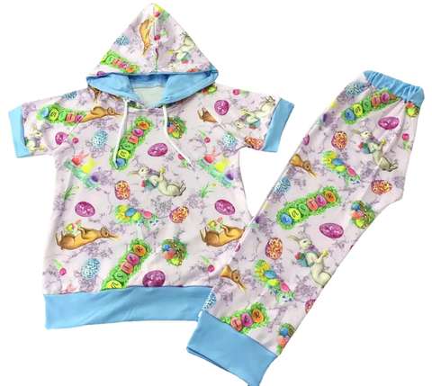 Easter-Themed Kids' Short Sleeve Hoodie and Pants Set