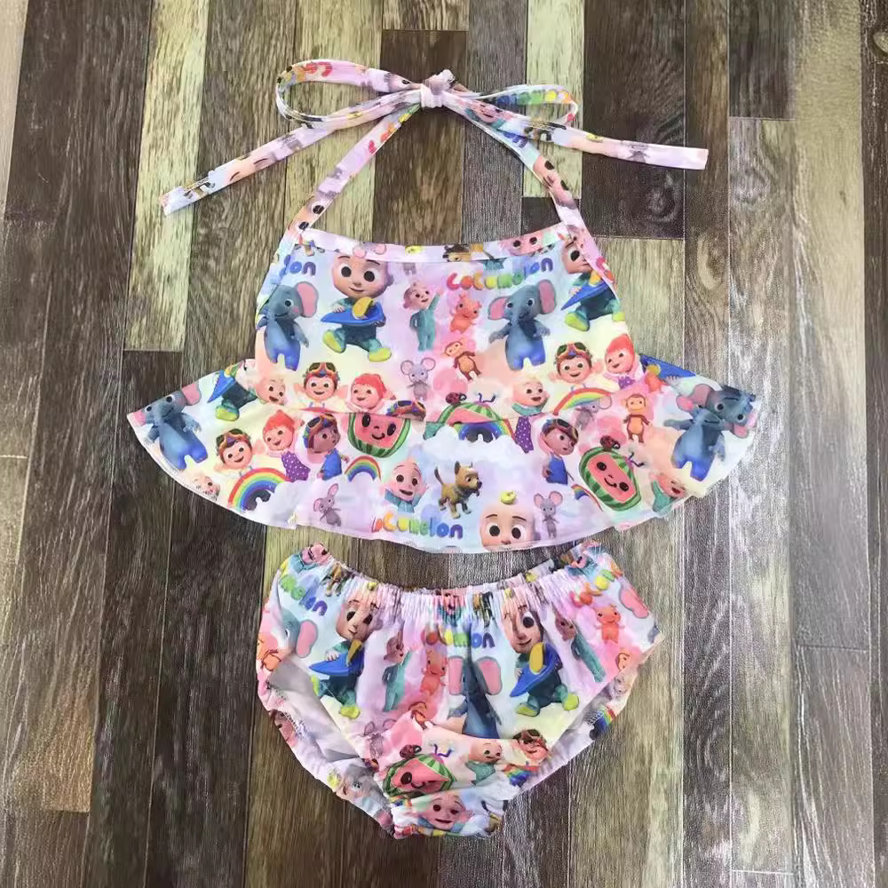 Colorful Cartoon Two-Piece Halter Top and Shorts Set