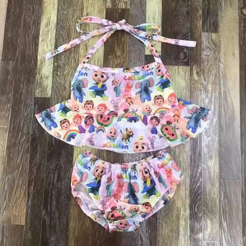 Colorful Cartoon Two-Piece Halter Top and Shorts Set
