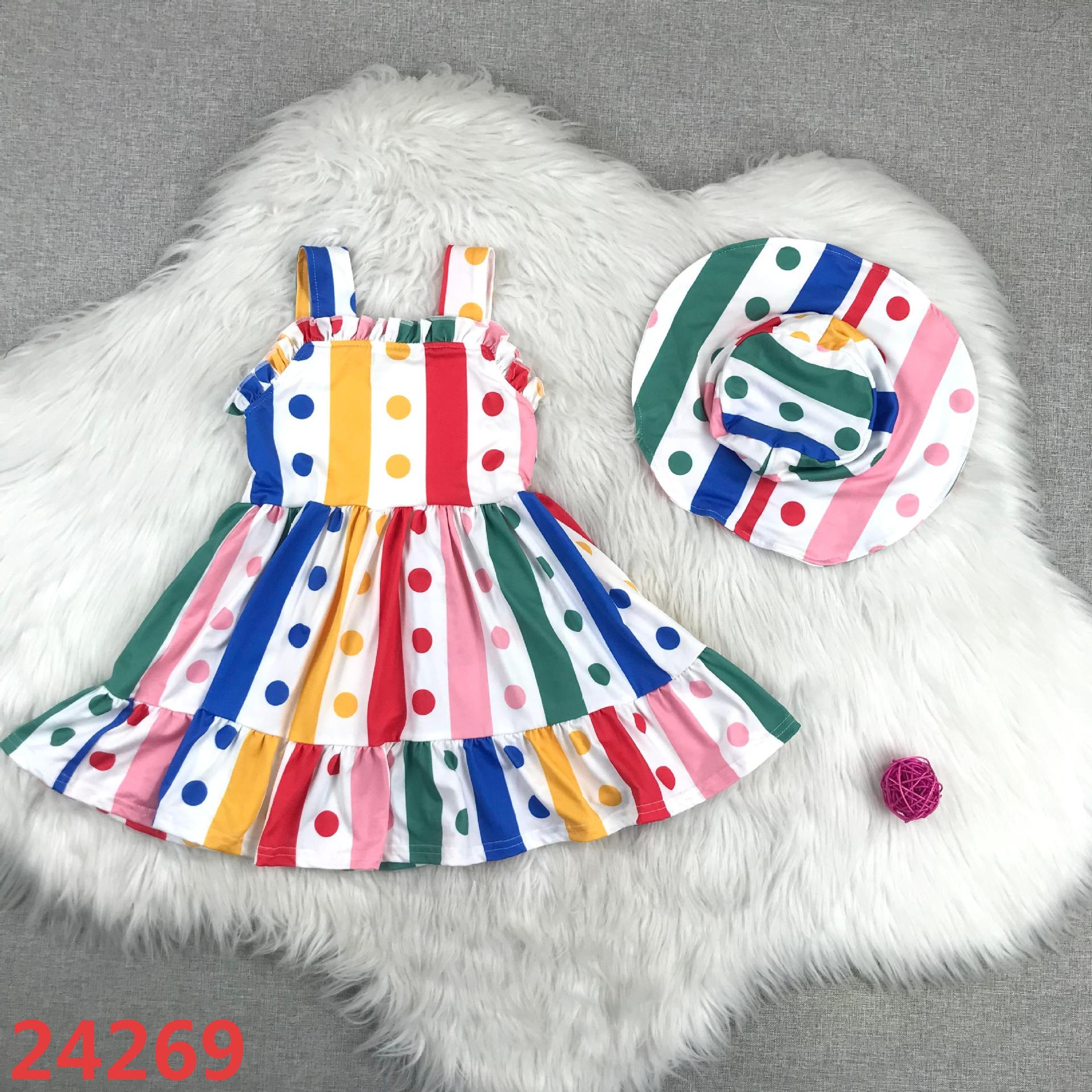 Polka Dot Multicolor Striped Dress with Hat for Girls