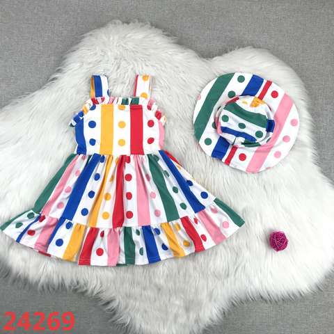 Polka Dot Multicolor Striped Dress with Hat for Girls