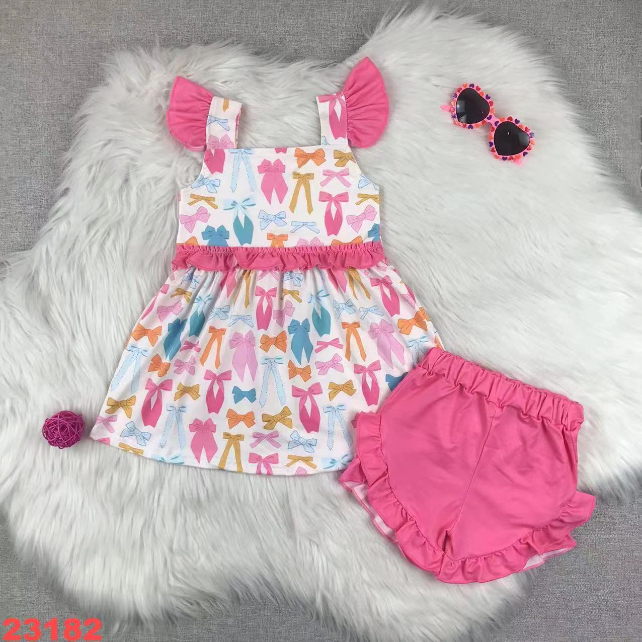 Girls' Bow Print Sleeveless Ruffle Outfit with Shorts
