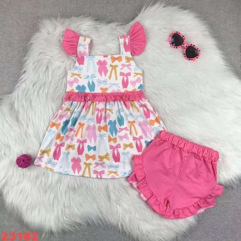 Girls' Bow Print Sleeveless Ruffle Outfit with Shorts