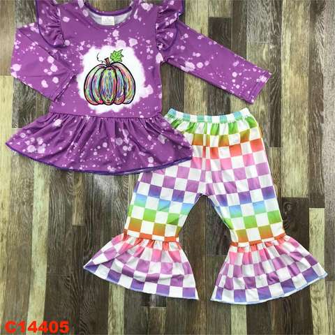 Purple Pumpkin Long Sleeve Set with Checkered Flared Pants