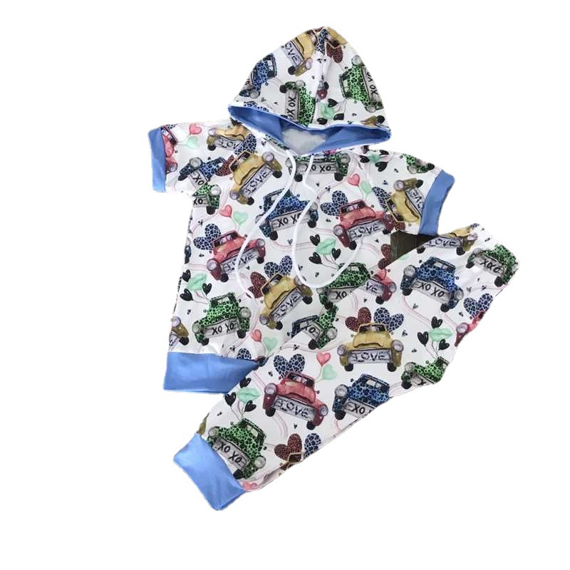Children's Hooded Car Print Short Sleeve Set