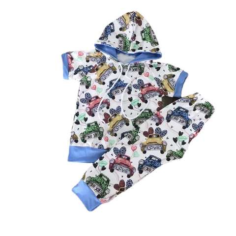 Children's Hooded Car Print Short Sleeve Set