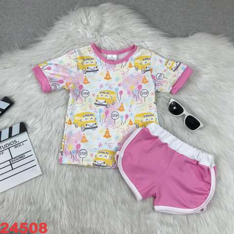 Children's Short Sleeve Outfit with School Bus Print