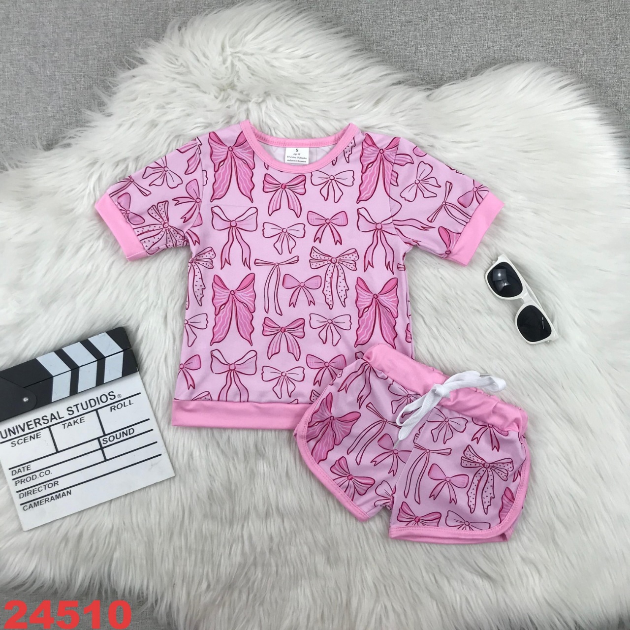 Pink Bow Patterned Short Sleeve Set