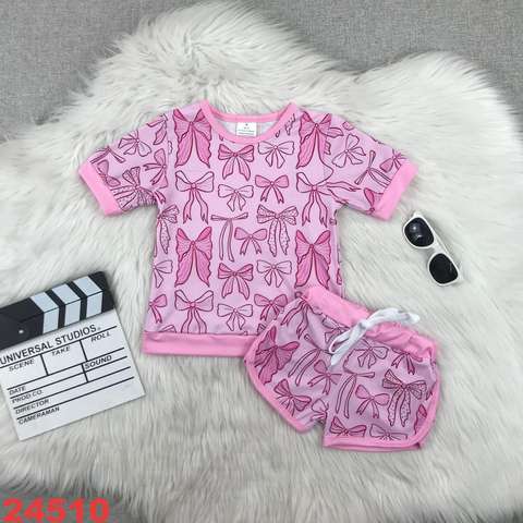 Pink Bow Patterned Short Sleeve Set