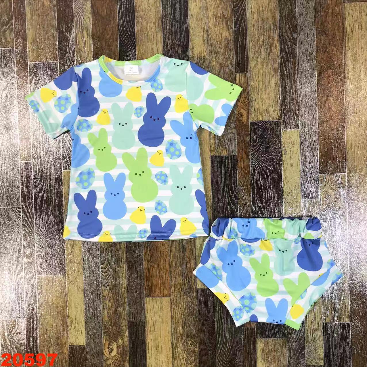 Colorful Bunny Print Short Sleeve Top and Shorts Set
