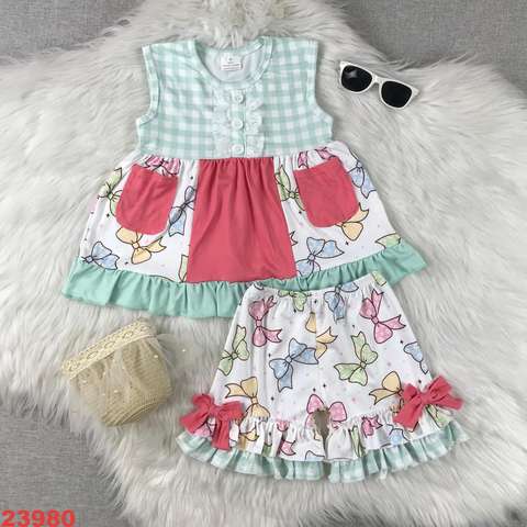 Girls' Sleeveless Gingham and Bow-Print Outfit