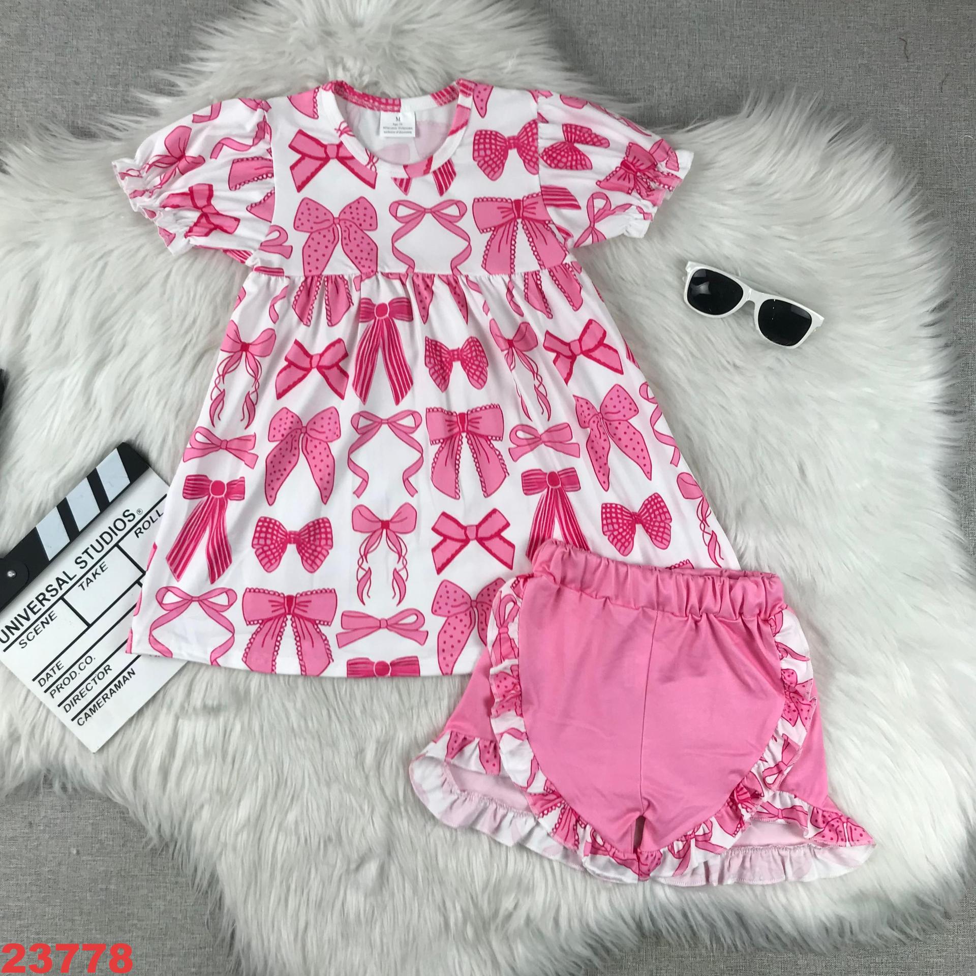 Girls' Pink Bow Printed Two-Piece Outfit