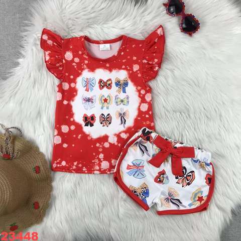 Girls' Flutter Sleeve Bow Print Short Set