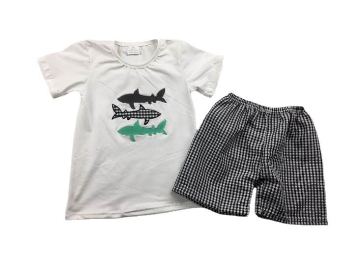 Shark Printed Short Sleeve Shirt and Checkered Shorts Set