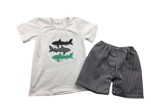 Shark Printed Short Sleeve Shirt and Checkered Shorts Set