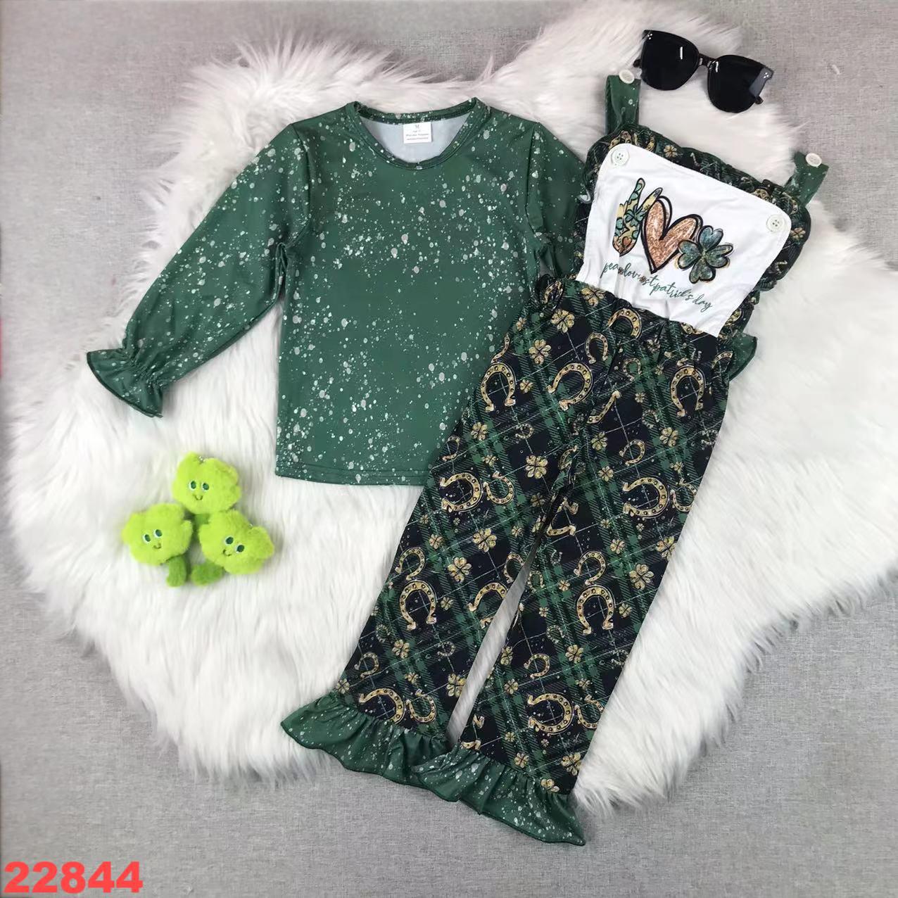 Girls' Shamrock Long Sleeve Top and Plaid Print Overalls Set