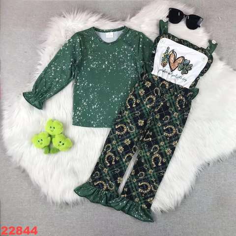 Girls' Shamrock Long Sleeve Top and Plaid Print Overalls Set