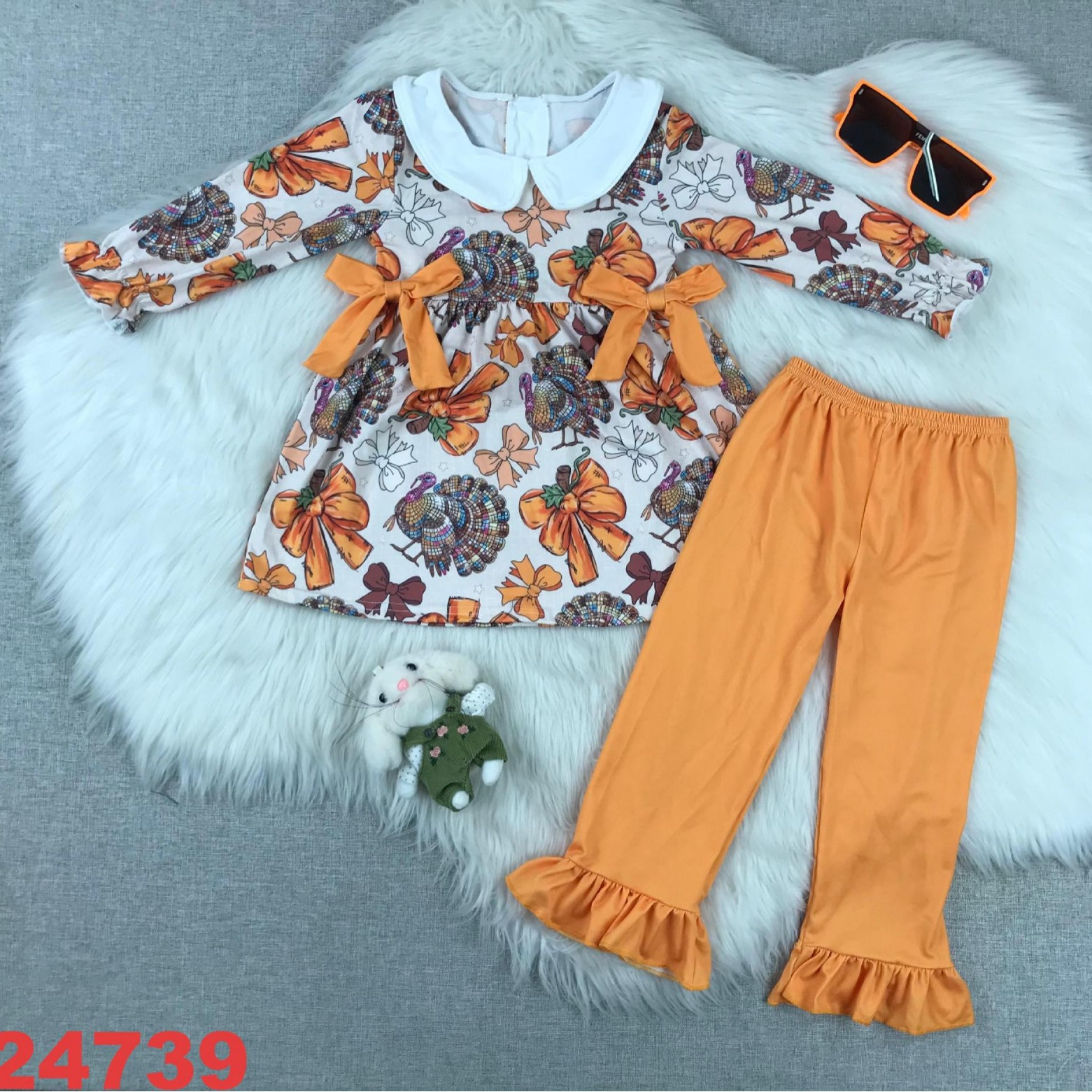 Thanksgiving-Themed Long Sleeve Top and Ruffle Pants Set