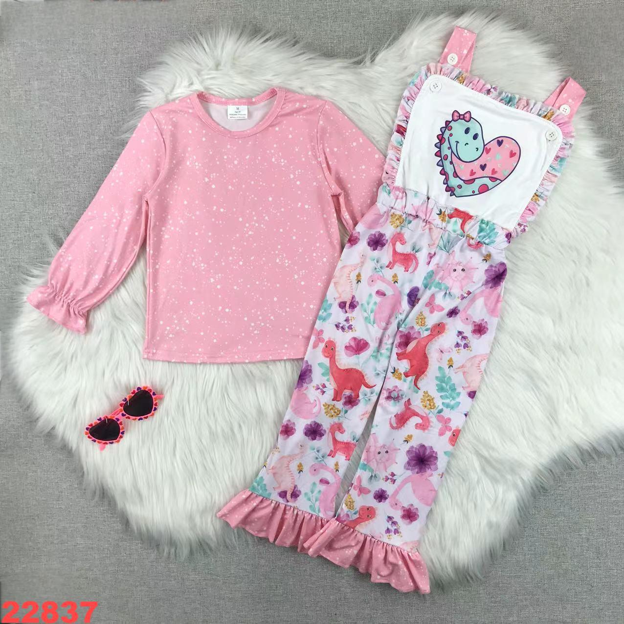 Pink Long Sleeve Top and Dinosaur Printed Overalls Set