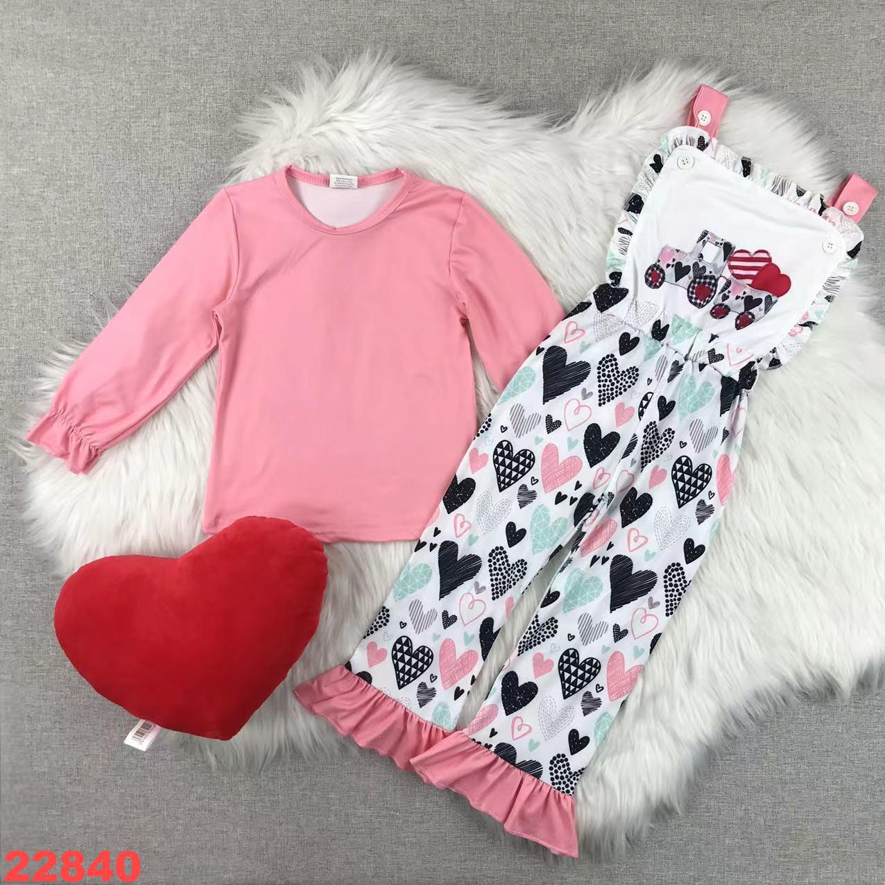 Heart-Print Overall with Pink Long Sleeve Top