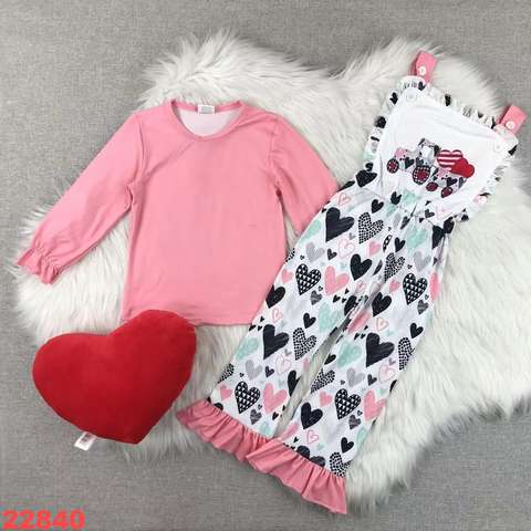Heart-Print Overall with Pink Long Sleeve Top