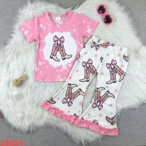 Girls' Pink Printed Short Sleeve and Bell Bottom Set