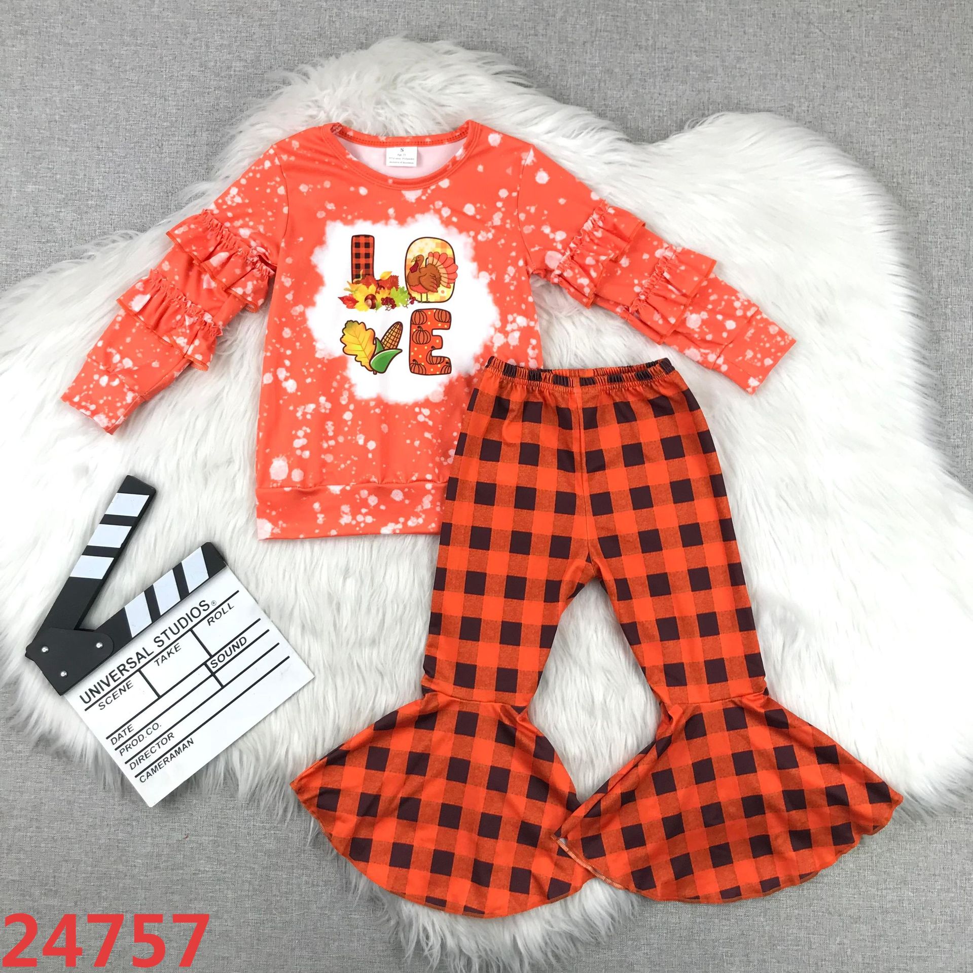 Orange Love Ruffle Sleeve Top and Plaid Bell Bottom Set