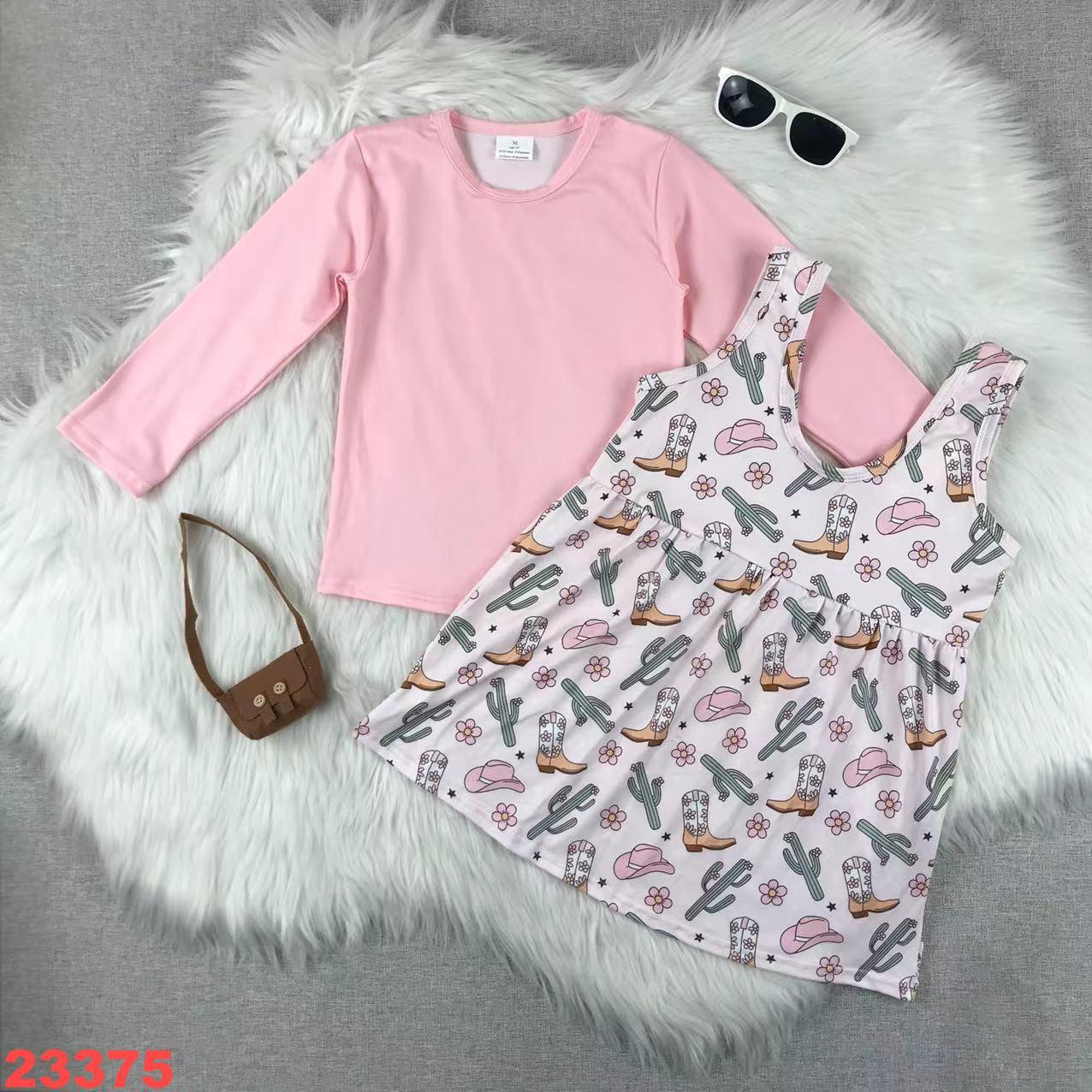 Cowgirl Print Dress with Pink Long Sleeve Top Set